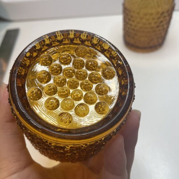 A Pair Hobbs Brockunier? Dew Drop Tumblers France Glass Hobnail 3.25”H Amber - Picture 4 of 12